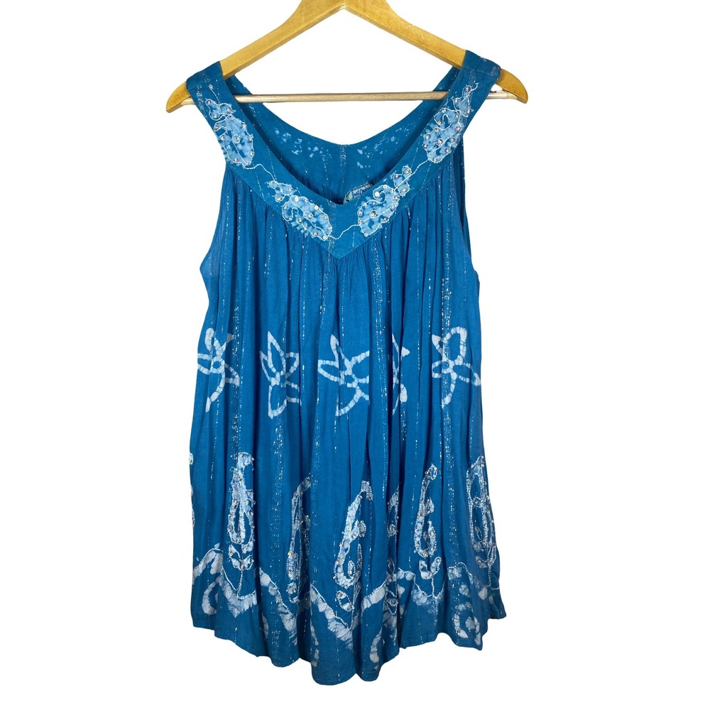 Boho Batik Sequin Tunic Top Sleeveless Metallic Rayon OSFM Beachy Hippie bling